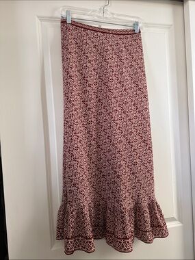 Max Studio Burgundy and White Patterned Ruffle-Hem Maxi Skirt